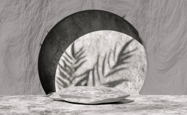 istock 3d gray stone cube stage podium empty with palm leaf shadow, abstract geometric cosmetic showcase pedestal grey background. minimal modern scene, 3d render illustration 1487291067