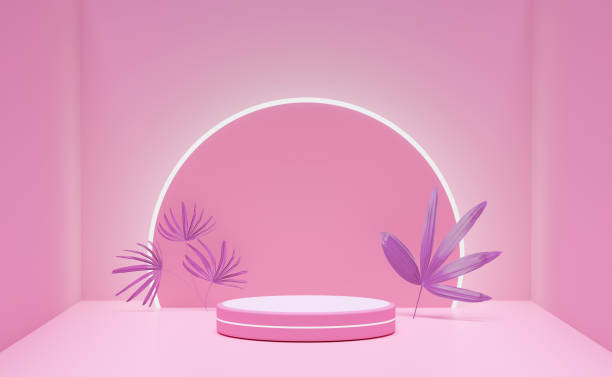 istock 3d pink cylinder stage podium empty with palm leaf, abstract geometric cosmetic showcase pedestal pink background. minimal modern scene, 3d render illustration 1487291068