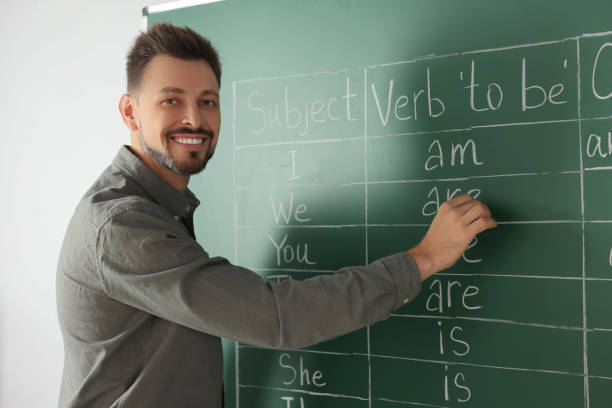 istock Happy teacher explaining English at blackboard in classroom 1487291209
