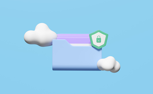 3d cloud folder icon with shield insecure isolated on blue background. cloud storage download, data transfering, Internet security, privacy protection, ransomware protect, 3d render illustration