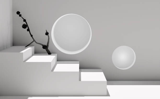 istock 3d gray stair with wall hole scene, window, flower, shadow, abstract geometric cosmetic showcase pedestal grey background. minimal modern scene, 3d render illustration 1487291327