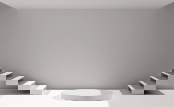 istock 3d gray cylinder stage podium empty with stair, shadow, abstract geometric cosmetic showcase pedestal grey background. minimal modern scene, 3d render illustration 1487291333
