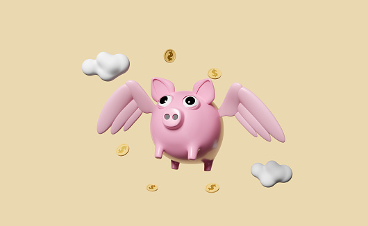 pink piggy bank 3d with wings, float coins, cloud isolated on beige background. saving money, loan approval, business banking, investment concept, 3d render illustration