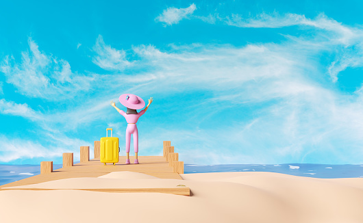 wooden bridge leading into the sea on a bright day with 3d character cartoon standing woman, suitcase, sea, blue sky landscape background. summer travel concept, 3d render illustration