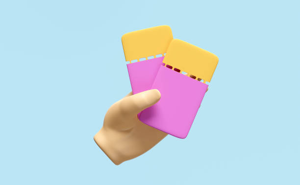 3d hands hold ticket booking cinema, theatre, concert, play, party, event, festival, sky train, airplane isolated on pink background. 3d render illustration - ticket ticket stub park fun imagens e fotografias de stock