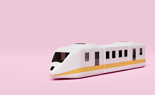 3d bullet train cartoon, sky train transport toy, summer travel service, planning traveler tourism train isolated on pink background. 3d render illustration