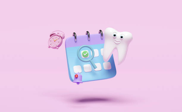 ピンクの背景に歯の臼歯モデル、時計、チェックマークアイコン、マークされた日付、通知ベルを持つ3dカレンダー。白い歯の健康、歯科医の歯科検査、3dレンダリングイラスト - today appointment personal organizer medicine ストックフォトと画像
