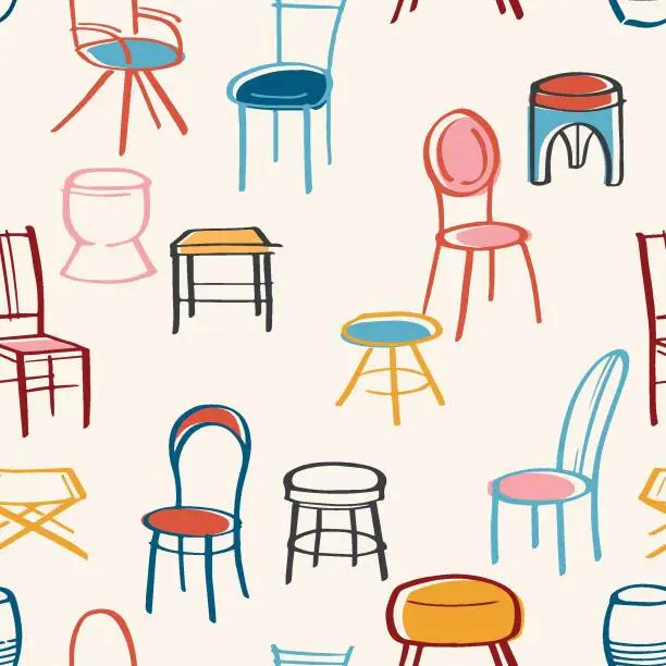 Vector illustration of Hand drawn seamless pattern with different kinds of chairs