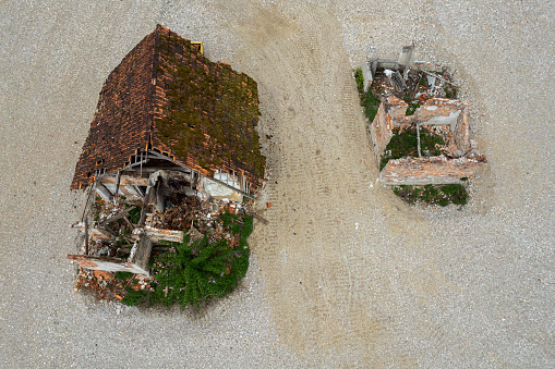 Aerial view of destroyed house