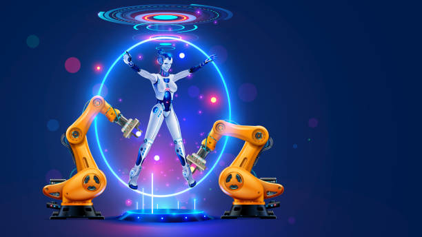 istock Robot cyborg with AI assembling on factory. Automation manufacturing, industry 4.0 concept. Artificial intelligence control industrial robotic arms on on robots factory. Modern technology of industry 1487297898
