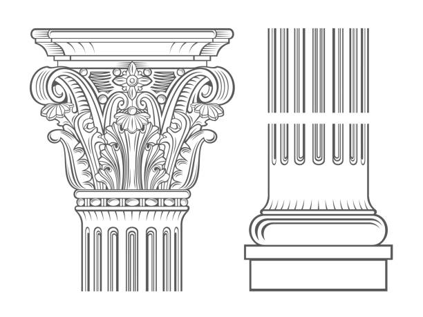 Vector templates. Capital of a medieval cathedral corinthian column. Engraving or tattoo element