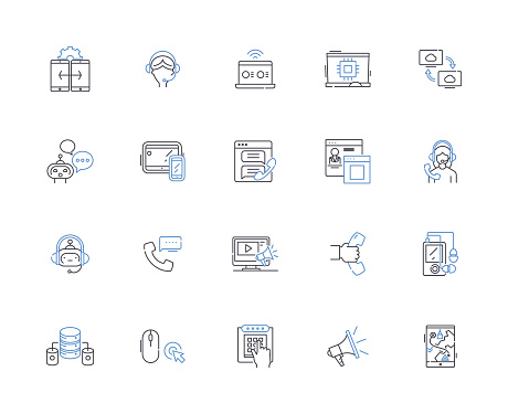 Video communication outline icons collection. Remotely, Virtual, Online, Webcam, Telepresence, Conference, Connect vector and illustration concept set. Collaborate,Teleconferencing linear signs and symbols