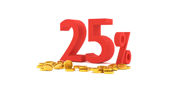 3D Rendering. 25 percent off with gold coin and white background. Special Offer 25% Discount Tag. Super sale offer.