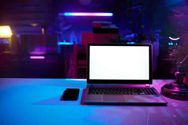 istock modern office with desk and laptop blank screen 1487300082