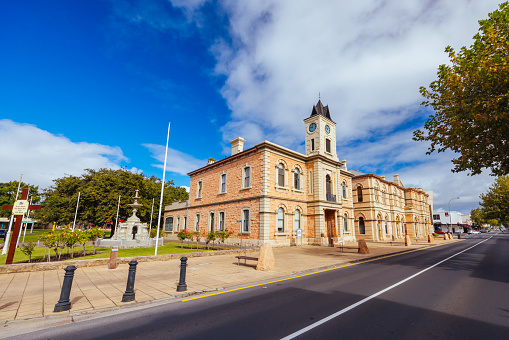 MOUNT GAMBIER, AUSTRALIA - April 9 2023: The iconic Mount Gambier Town Hall and main street on a cool autumn day on the Limestone Coast in Mount Gambier, South Australia, Australia