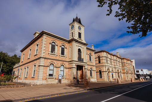 MOUNT GAMBIER, AUSTRALIA - April 9 2023: The iconic Mount Gambier Town Hall and main street on a cool autumn day on the Limestone Coast in Mount Gambier, South Australia, Australia