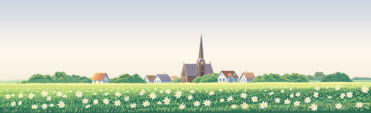 Rural landscape with a village in the background and a flowering meadow with a carpet of large flowers in the foreground. Vector illustration.