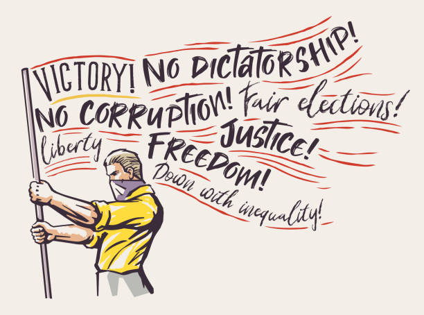 mann mit einer flagge aus worten und inschriften in den händen. - demokratie stock-grafiken, -clipart, -cartoons und -symbole
