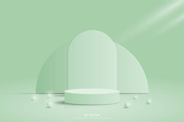 istock 3D background in studio room rendered with realistic green 3d cylinder podium pedestal stage, arch shape, half circle backdrop and glowing sphere balls. Minimal wall scene for product showcase. 1487303057