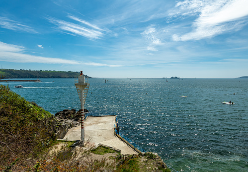 Plymouth Sound coastline with naval marker