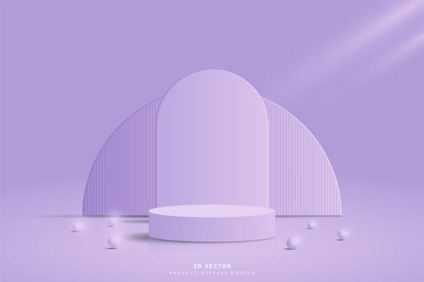 istock 3D background in studio room rendered with realistic purple 3d cylinder podium pedestal stage, arch shape, half circle backdrop and glowing sphere balls. Minimal wall scene for product showcase. 1487304071