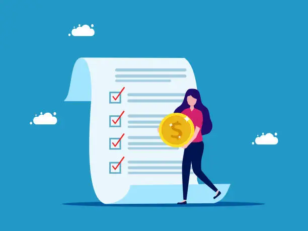 Vector illustration of Woman holding money with checklist documents. financial planning