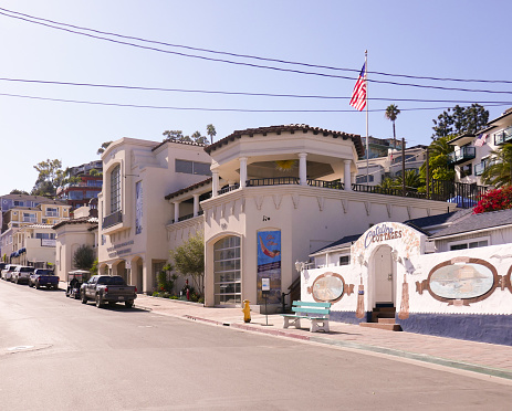 Avalon, Catalina Island, CA - USA: Street view of Metropole Avenue on Catalina Island showing museum and cottages