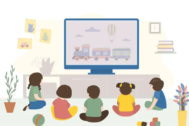 Vector illustration of Group of children sit in front of big TV and watch cartoons. Friends have fun, spend time watching TV, entertainment. Funny preschool kids. Room interior with furniture.