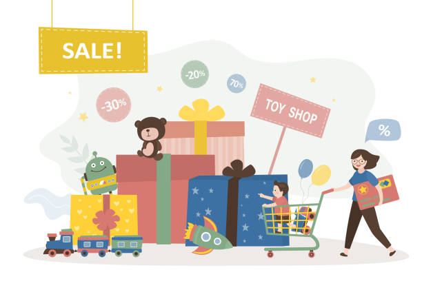 ilustrações de stock, clip art, desenhos animados e ícones de funny characters is pushing shopping cart in toy shop. flash sale, discounts. cute son and mother bought lot of various cheap toys. family in supermarket. gift boxes, toys, gifts and presents - christmas shopping store retail