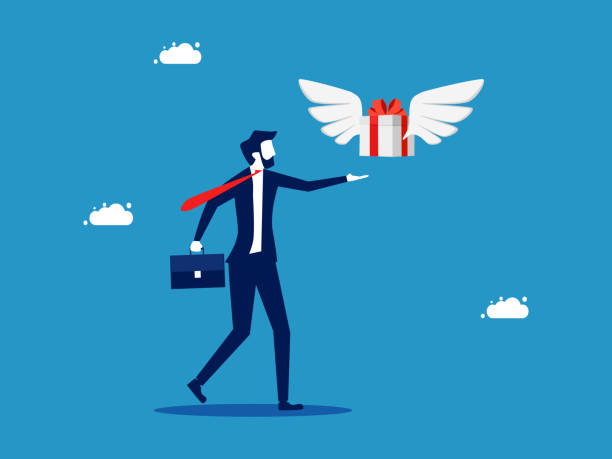 istock Businessman receiving a gift box. The concept of transporting happiness. vector 1487308424