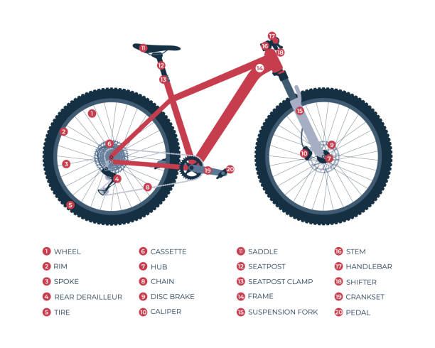 infografika elementów konstrukcyjnych roweru mtb, górskiego, cross-country - bicycle gear bicycle gear mtb stock illustrations