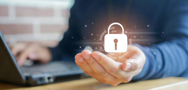 close up programmer man hand show virtual reality interface locked for protection data in office operation room for cyber security and digital authentication concept - slot beveiligingsapparatuur stockfoto's en -beelden