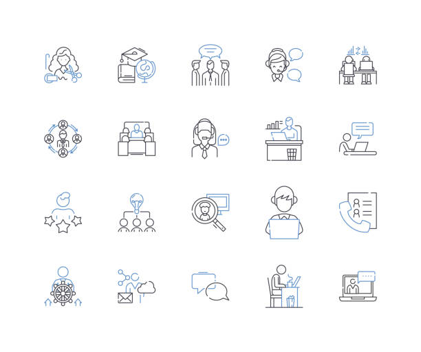 Staffing duties line icons collection. Recruitment, Hiring, Onboarding, Training, Orientation, Benefits, Payroll vector and linear illustration. Scheduling,Timekeeping,Compliance outline signs set Staffing duties outline icons collection. Recruitment, Hiring, Onboarding, Training, Orientation, Benefits, Payroll vector and illustration concept set. Timekeeping,Compliance linear signs and symbols job description stock illustrations