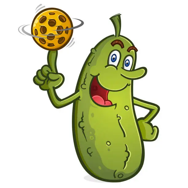 Vector illustration of Pickle Cartoon Character Spinning a Pickleball on his Finger
