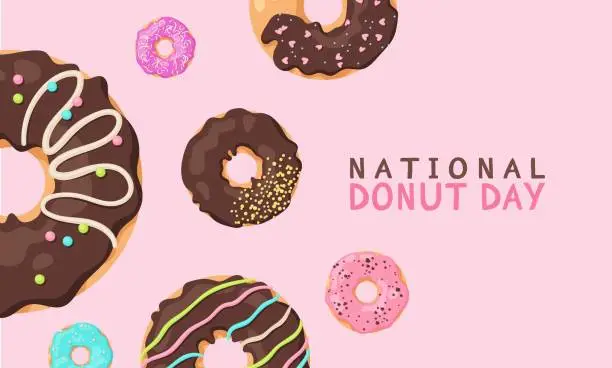 Vector illustration of National donut day banner and promotional card with variety of delicious donuts
