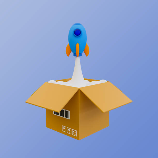 istock 3d minimal fast delivery concept. parcel transportation. product shipping. rocket launching from cardboard box. 3d illustration. 1487311413