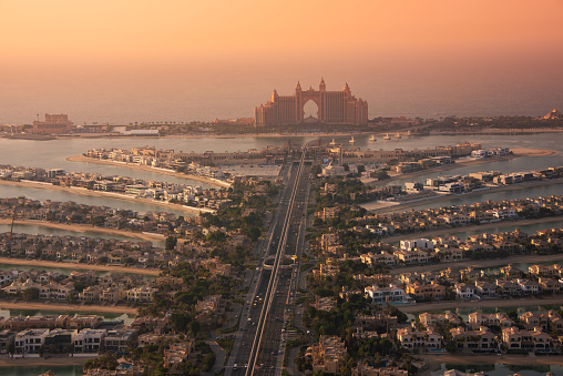 Palm Jumeirah island in Dubai, modern architecture, beaches and villas