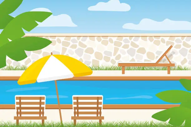 Vector illustration of deck chairs, umbrella near the swimming pool in house backyard or hotel garden