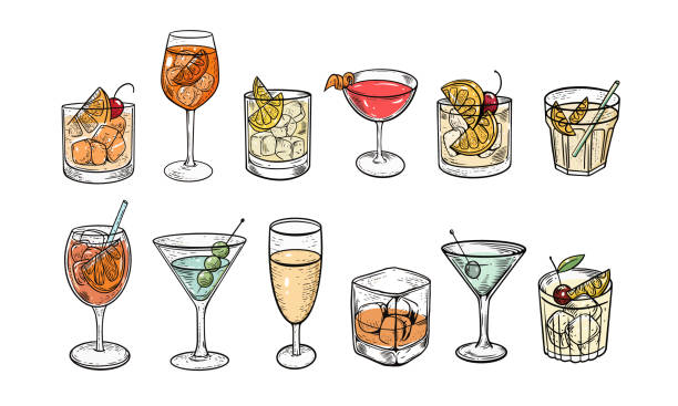 illustrazioni stock, clip art, cartoni animati e icone di tendenza di cocktail colorati disegnati a mano impostano schizzi in stile cartone animato. - cocktail
