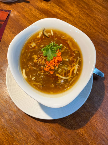 Corn soup with crab meat at bowl.