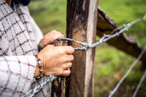 istock Close-up of a man opening or closing barbed wire gate 1487315252