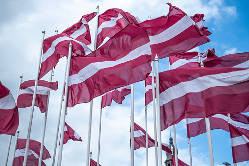 Latvian national flags in The wind in Riga, capital of Latvia.