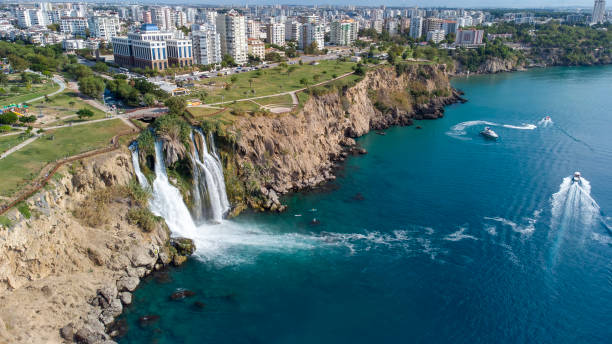 istock Waterfall Duden (Karpuzkaldiran selalesi) falling into the Mediterranean sea. Waterfall falling into sea. Waterfall stream. Aerial drone shooting. Antalya - Turkey 1487316245
