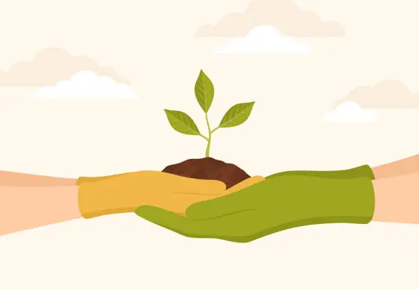 Vector illustration of Hands of an adult and a child in rubber gloves holding a seedling in the soil in their palms, side view. Vector illustration in flat style