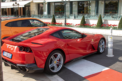 Monte-Carlo, Monaco, April 20th 2023:- A Ferrari parked near the Monte Carlo Casino