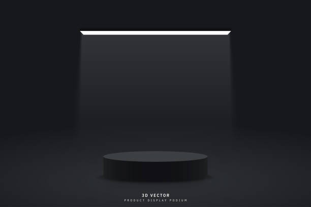 istock 3d background with black cylinder podium pedestal realistic and glowing neon lighting rectangle shape tube. Minimal wall scene for mockup. stage for showcase. 3d vector render geometric form. 1487318020