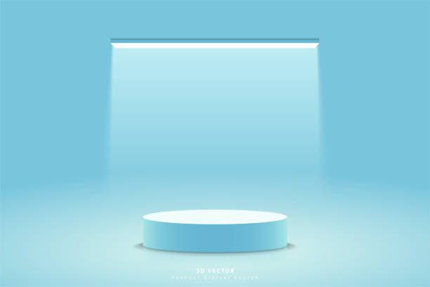 istock 3d background with blue cylinder podium pedestal realistic and glowing neon lighting rectangle shape tube. Minimal wall scene for mockup. stage for showcase. 3d vector render geometric form. 1487318043