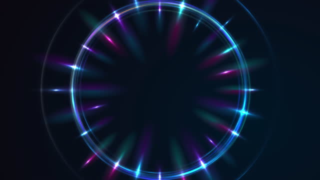 Blue purple neon laser rings with rays abstract motion background