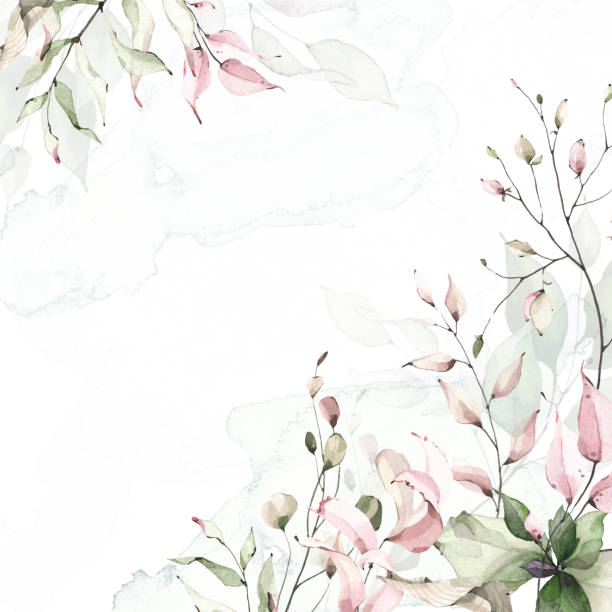 istock Watercolor painted gentle greenery frame template. Green and pink background with branches, leaves and abstract washes. 1487319544