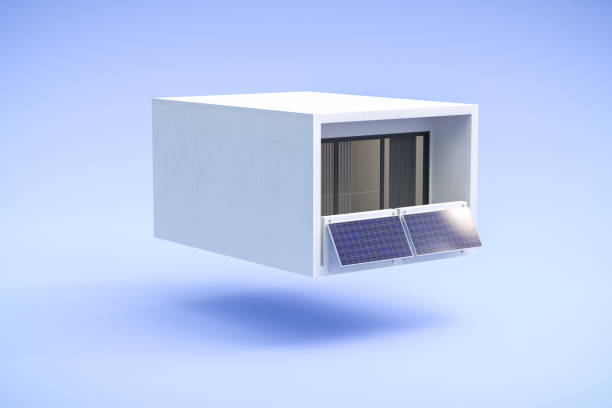 Balcony Power Plant on a nondescript  apartment floating above a seamless blue background - 3d render stock photo
